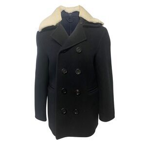 Burberry Double Breasted Coat with Shearling Collar in Black Wool